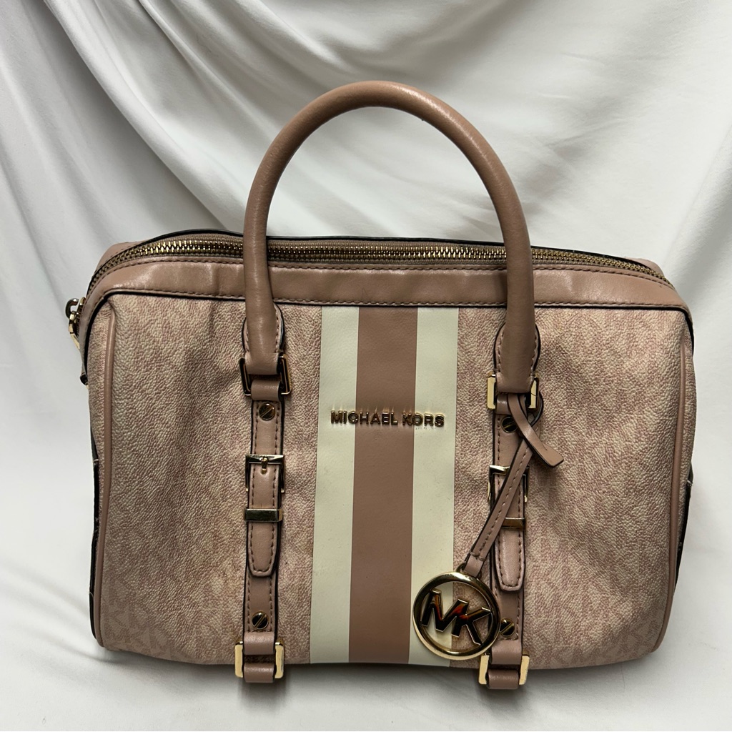 Michael Kors Bedford Pink Logo Stripe Satchel Medium See Pics 4 Condition $349